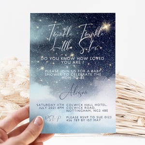 Twinkle Twinkle Little Star babyshower uitnodiging voor meisje of jongen, bewerkbare sjabloon, glitter Sky-thema, babyuitnodiging direct downloaden