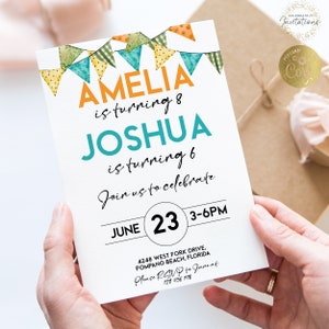 Sibling Birthday InvitationDouble Birthday InviteDual Combined Twins Birthday Invitation Bunting Summer Party Boy and Girl Double Invite