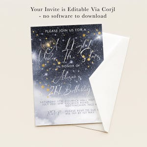 The image is a birthday invitation for a girl named Allison's 21st birthday. It is a night under the stars theme, and the invitation is editable via a computer.