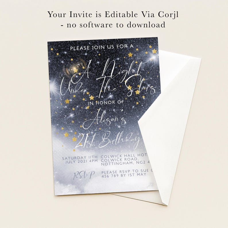 The image is a birthday invitation for a girl named Allison's 21st birthday. It is a night under the stars theme, and the invitation is editable via a computer.