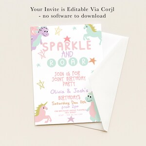 The image is a birthday party invitation featuring a pink unicorn and a green dragon, with the text "Sparkle and Roar" and "Join us for Joint Birthday Party".