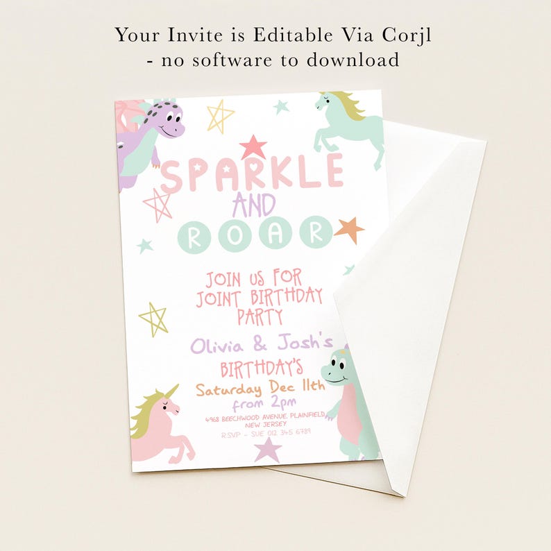 The image is a birthday party invitation featuring a pink unicorn and a green dragon, with the text "Sparkle and Roar" and "Join us for Joint Birthday Party".