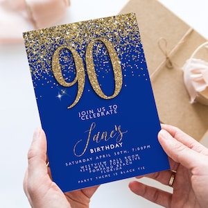90e verjaardagsuitnodiging – marineblauw en goud bewerkbare sjabloon, direct downloaden, afdrukbare Corjl-uitnodiging, mijlpaalviering voor elke leeftijd