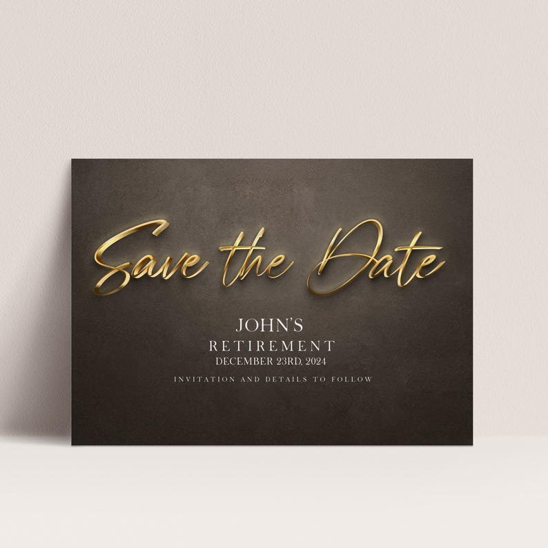 The image is a black and white photograph of a wedding invitation card with gold text and details about John's retirement.