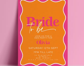 Hen Party Invite Editable Template - Bride To Be Card, Pink Orange Colors - Digital Download, Printable, Corjl Edit