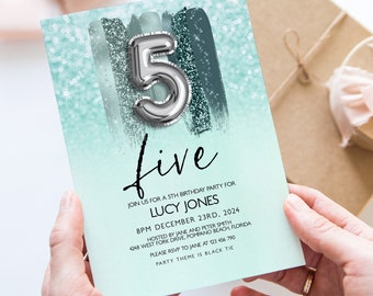 Editable 5th Invitation Aqua Silver Glitter Instant Download Printable Corjl Template Any Age