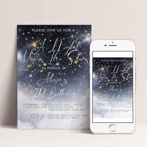 a birthday invitation for Alison's 21st birthday, featuring a night sky background with stars and a message that says "Please join us for a A Night Under the Stars in honor of Alison's 21st Birthday".