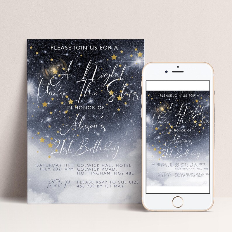 a birthday invitation for Alison's 21st birthday, featuring a night sky background with stars and a message that says "Please join us for a A Night Under the Stars in honor of Alison's 21st Birthday".