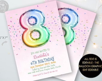 8th Rainbow Birthday Invitation Editable Template Rainbow Balloon Invite For Her 8 Year Old Invite Party Celebration Digital Download