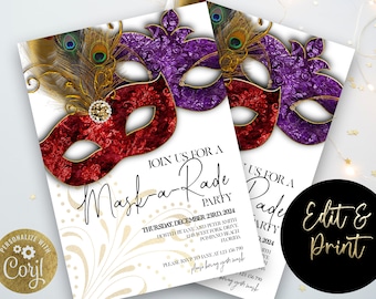 Mask-a-rade Party Invitation, Red Purple Masked Glitter Masquerade Quarantine Social Distance Party Editable Printable Instant Download