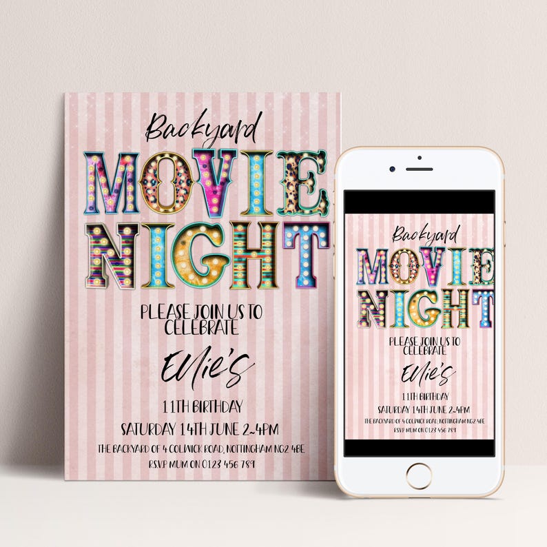 Movie Night Invite - Editable Backyard Cinema Party Invitation - Digital Download, Printable Template, Summer Event image 2