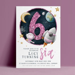 宇宙をテーマにした誕生日招待状、編集可能な女の子の宇宙飛行士6歳の誕生日パーティー招待状、ピンクのデジタルダウンロード、印刷可能なテンプレート、6歳