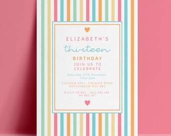 13th Birthday Invitation Template, Rainbow Stripe Editable Invite, Pastel Teen Digital Download, Kids Printable Card