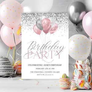 Editable Birthday Invitation Download Pink Silver Glitter balloons Printable Invitation Instant Download Editable template Corjl Invite