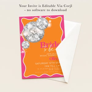 The image is a colorful invitation card for a bridal shower, featuring a disco ball design and text inviting guests to join the event.