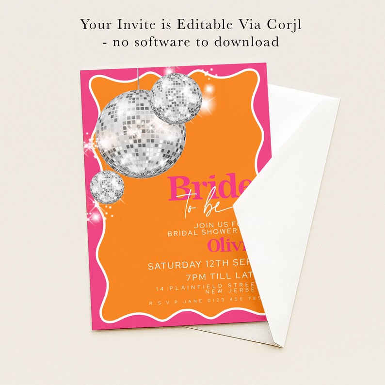 The image is a colorful invitation card for a bridal shower, featuring a disco ball design and text inviting guests to join the event.