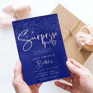 Surprise Birthday Invitation Editable Navy Blue Birthday Invitation for Him, Printable Birthday Template for Her Instant Download