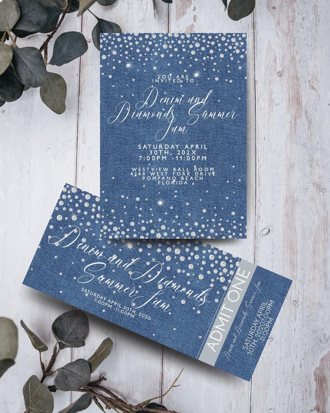 Editable Denim and Diamonds Invitation, Blue Sparkle Prom or Gala