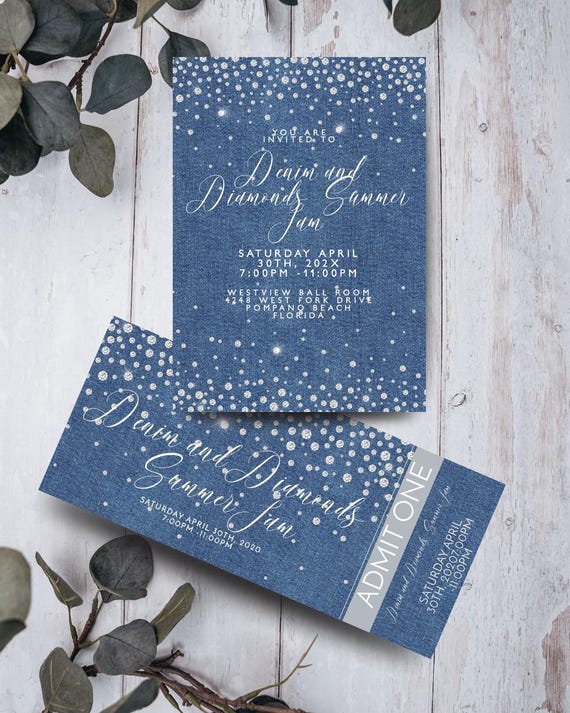 その他 Invitation Editable Denim and Diamonds Invitation, Blue Sparkle Prom or Gala