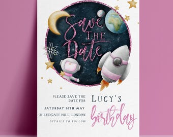 Space Save the Date Template, Girl Astronaut Rocket Editable Card, Pink Galaxy Digital Download, Kids Party Printable Notice