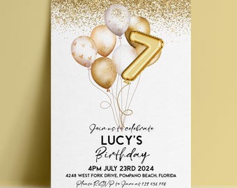 Gold Balloon 7th Birthday Invitation Template, Any Age Editable Invite, Glitter Digital Download, Children Printable Card