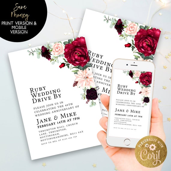 Anniversary Drive By Invitation Plus Mobile Editable Template 40th Ruby