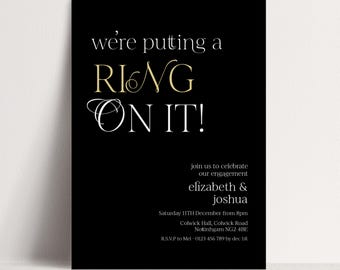 Ring On It Engagement Invitation Template Black Gold Engagement Party Printable Template, Modern Couples Invite, Editable Digital Download