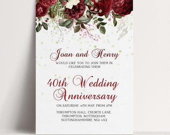 40th Ruby Wedding Anniversary Invitation Editable Template, Red Elegance (Printable, Digital Download, 5x7 Inches)