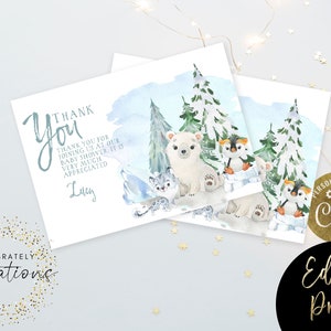 December Baby Shower Thank You Card EDITABLE Gender Neutral North Pole Animals, Digital, Winter Theme Instant download NT67