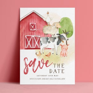 Farm Save the Date Template, Barnyard Animals Editable Card, Watercolour Digital Download, Kids Party Printable Notice