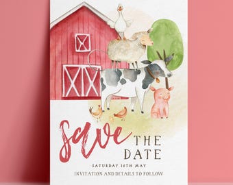 Plantilla de invitación para guardar la fecha en la granja, tarjeta editable con animales de corral, descarga digital en acuarela, aviso imprimible para fiestas infantiles.