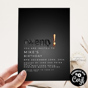 Invitación de cumpleaños número 20 Invitación editable de cumpleaños número 20 Invitación negra y dorada Sencilla elegante Para él o ella Descarga instantánea Imprimible BO19