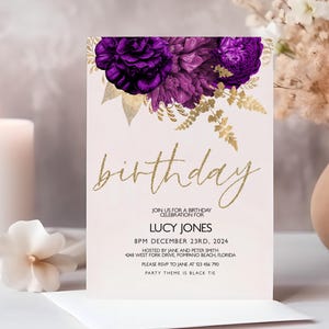 Lila Einladung Geburtstag bearbeitbare Einladung mit lila und goldener Vintage-Blume bearbeitbare Einladung Sofortiger Download zum ausdrucken