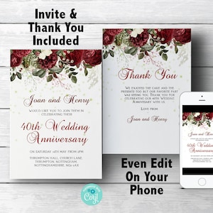 40th Ruby Wedding Anniversary Invitation and Thank You 40th Anniversary Invite Instant Download Printable invitations 0054