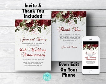 40th Ruby Wedding Anniversary Invitation and Thank You 40th Anniversary Invite Instant Download Printable invitations 0054