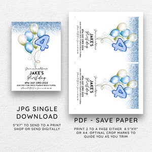 4th Birthday Invitation Balloon Editable Printable Invite Blue Gold ...
