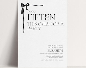 15th Birthday Invitation Template Girl Hello Fifteen Printable Template Party Invite, Bow Birthday Invite, Editable Digital Download