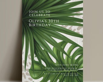 30th Birthday Invitation, Editable Tropical Palm Leaf Leopard Print Party Invite, Digital Download, Printable Template, Women