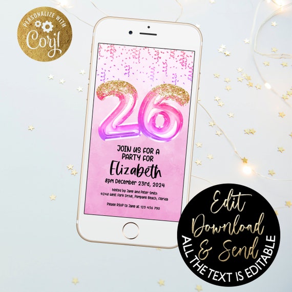 Digital Pink Princess 26th Birthday Party Invitation Digital Invitation Colours Balloon Editable mobile phone Evite Template SMS Invitation Il_570xn