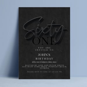 Plantilla de invitación para el 61 cumpleaños, invitación editable para el 61 cumpleaños, descarga digital en tono oscuro y melancólico, tarjeta imprimible para celebrar un hito importante en la vida de un hombre.