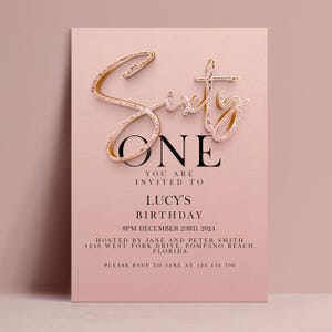 61st Birthday Invitation Template, Sixty One Editable Invite, Blush Rose Gold Digital Download, Womens Milestone Printable Card