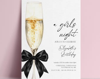Champagne Black Bow Girls Night Birthday Invitation, Elegant Ladies Evening Party Invite, Editable Printable Template, Minimalist Evite