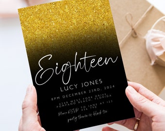 Editable 18th Birthday party Invitation 18th Gold and Black Glitter Simple Any Age Instant Download Editable template Corjl Invitation