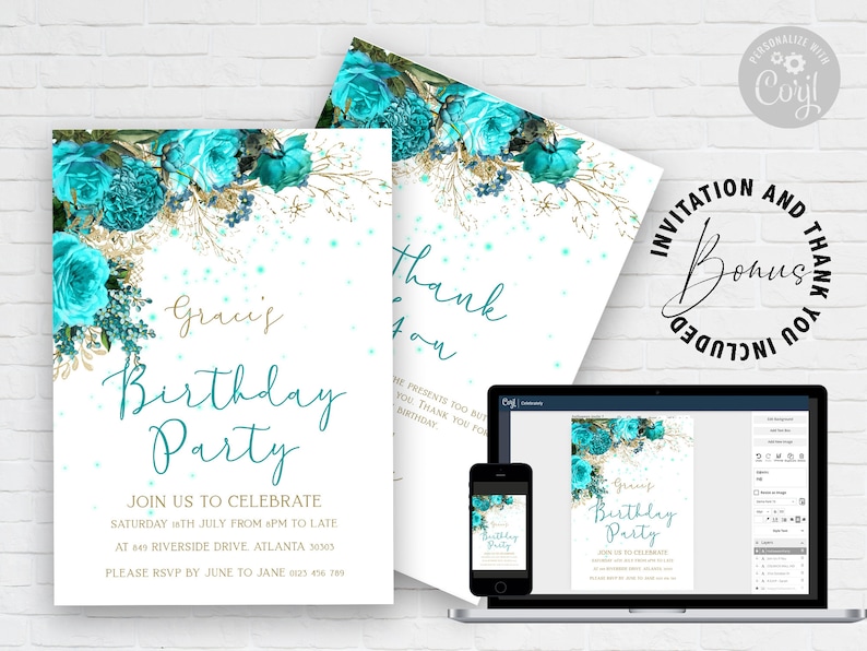 Editable Floral Birthday Invitation and Thank You With Etsy UK