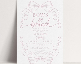 Invitación con lazos de toile rosa y brunch, invitación editable para baby shower, plantilla Corjl, diseño elegante de cinta, baby shower de niña PT20