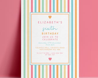 6th Birthday Invitation Template, 6 Year Old Rainbow Stripe Editable Invite, Sixth Pastel Digital Download, Kids Printable Card