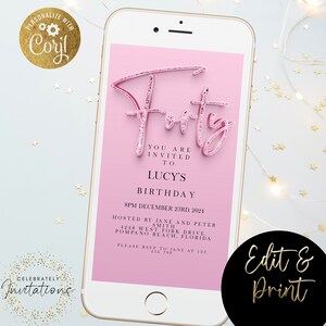 Paperless 40th Birthday invite Electronic Pink Sparkly Invitation Template For her Template Corjl Instant Download SPK