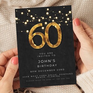 Invito stampabile per il 60° compleanno, modello modificabile, nero e oro, semplice ed elegante, per lui o per lei, download immediato, stampabile SE20