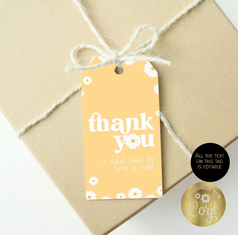 Thank You Tag Thanks Digital Daisy Retro Yellow Editable image 1