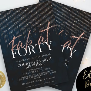 Fab at Vierzig 40. Geburtstagseinladung, bearbeitbare Glitzerroségoldeinladung, elegante digitale Meilenstein-Partykarte, glamouröse anpassbare Vorlage